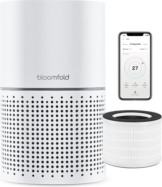 Bloomfold Luftreiniger - HEPA 13 Filter + Kohlefilter - CADR: 240m3/h. - Wifi-Modus & App - Luftqualitätsanzeige - 3 Modi + Schlafmodus
