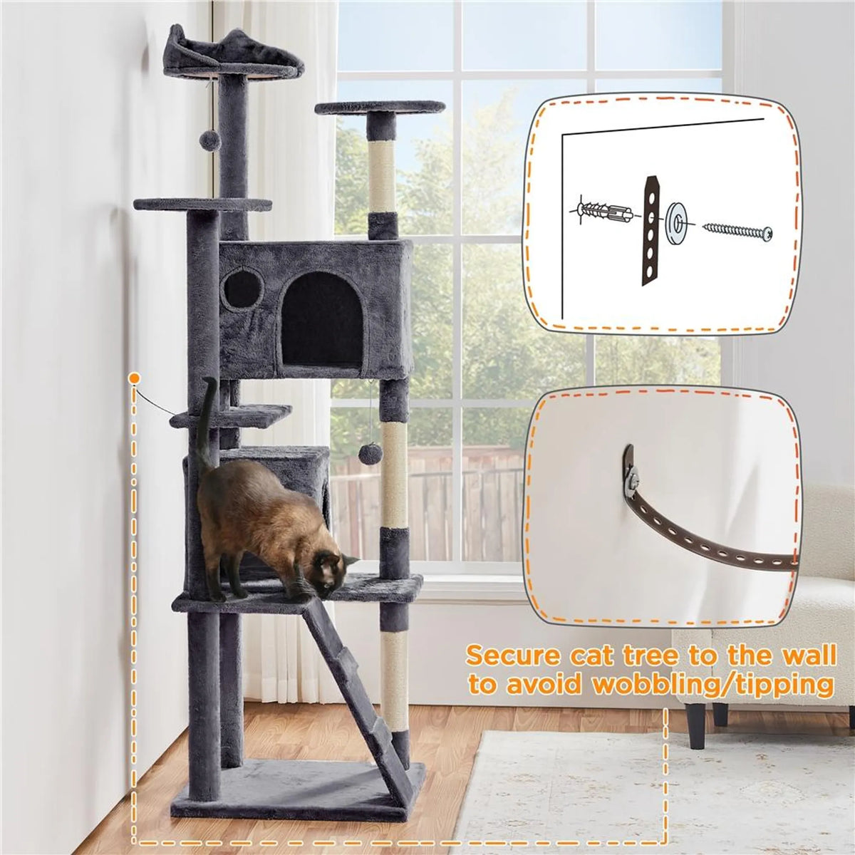 Yaheetech Katzenpfosten XXL mit zwei Katzenkörben - ausgestattet mit Kletterrampe und Katzenohr-Liege und hängenden Spielbällen - für Haushalte mit mehreren Katzen - dunkelgrauer Plüsch und Sisal - 59,5 x 55 x 202,5 cm
