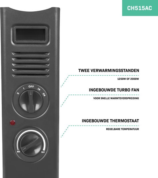 VONROC Elektroheizung - Konvektorheizung mit eingebautem Heizkörperlüfter - 2 Stufen: 1250W/2000W - Einstellbarer Thermostat - Beheizt Räume bis zu 24m2 - Modernes Design - Grau