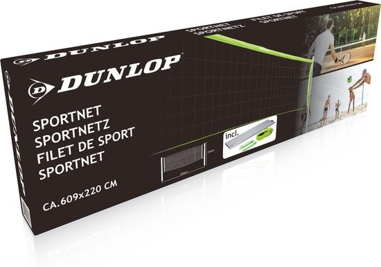 Dunlop Sports Net 609 x 220 CM - Volleyballnetz - Tennisnetz - Badmintonnetz - Komplettset mit Schlägern, Netz, Bodennägeln und Spannseilen - Multifunktional einsetzbar - Grün/Schwarz