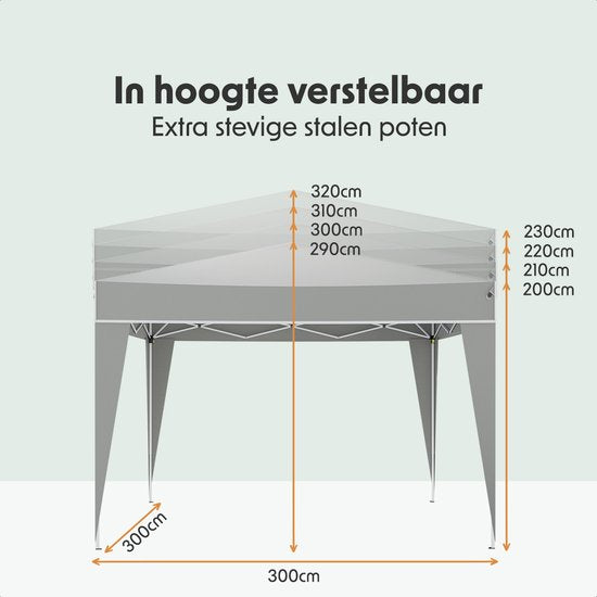 LifeGoods Party Tent Plus - Faltzelt - 3x3 m - Einfacher Aufbau - Verstärkter Rahmen - Wasserdicht - Tragetasche - Grau