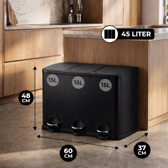 Bayt Mülleimer - Treteimer 45 Liter - Mülleimer 45 Liter - Mülleimer 45 Liter - Mülltrennung - Mülleimer 3 Fächer - 3x15 Liter- Abfalleimer- Edelstahl - Schwarz