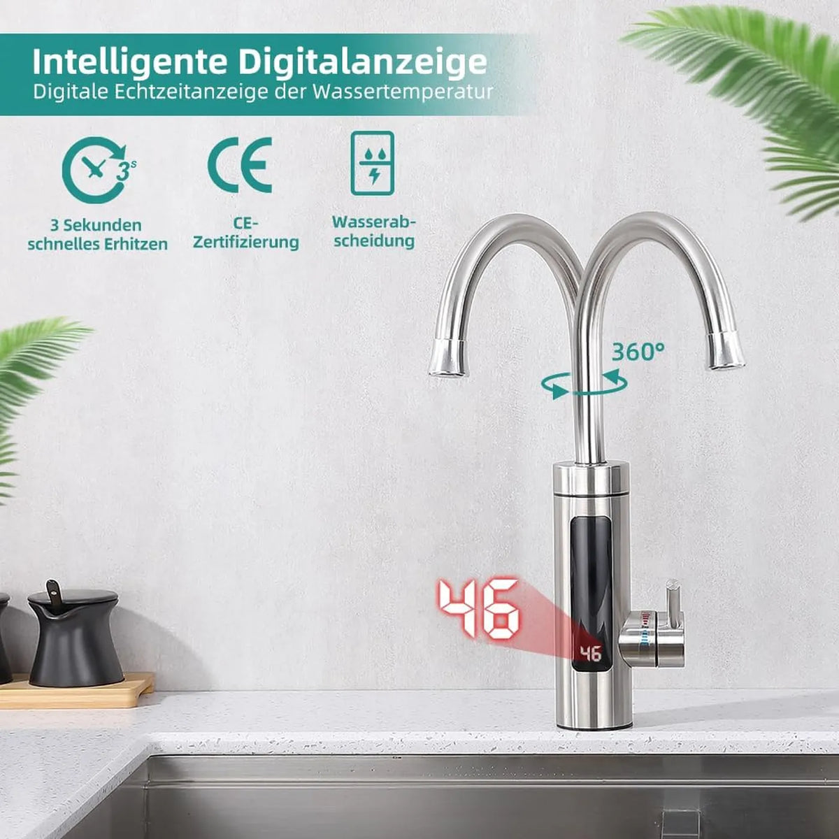 HOMELODY Elektrischer Küchenwasserhahn mit Durchlauferhitzer – 3000 W – 230 V – LED-Anzeige – Edelstahl – gebürstetes Silber