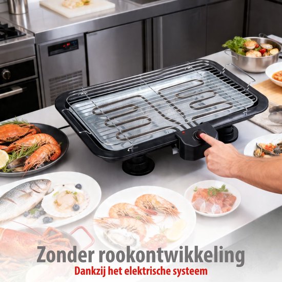 alpina Elektrischer 2-in-1-Grill 2200 W – Elektrischer Tischgrill mit Thermostat – Elektrischer Grill mit Warmhaltefunktion – Elektrischer Tischgrill mit verstellbarem Rost – 51 x 30 cm – Schwarz