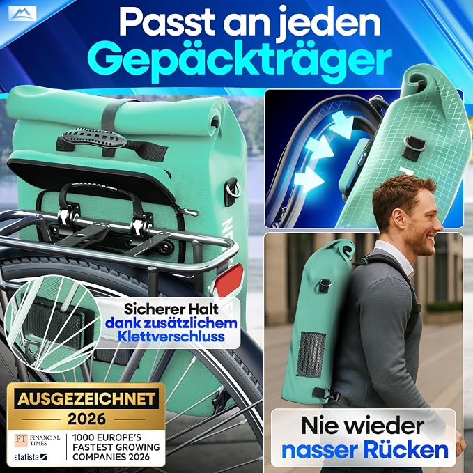 Nextcover 3-in-1-Fahrradtasche, Rucksack und Umhängetasche, 25 Liter – wasserdicht und PVC-frei – mit Laptopfach – für E-Bikes geeignet – Coin