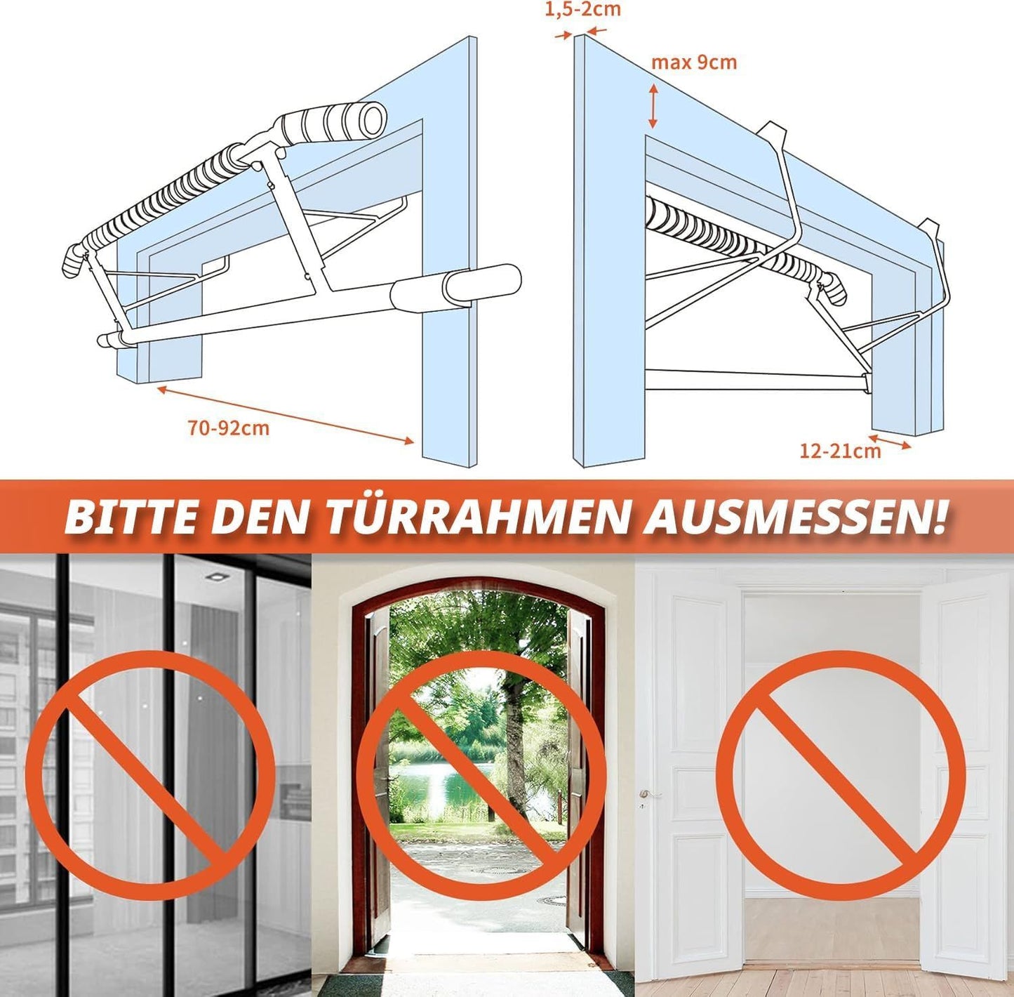 DH FitLife Klimmzugstange für die Tür – Schraubenlose Klimmzugstange mit Slingtrainer – Schwarz/Grün – 70–92 cm