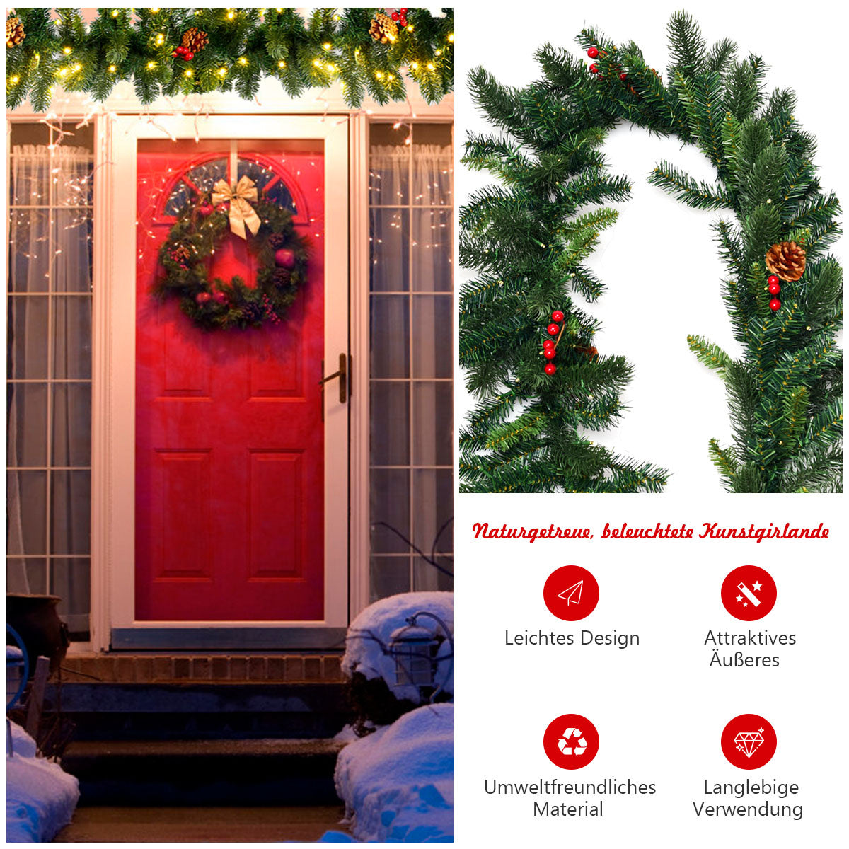Girlande mit Lichtern - Girlande - Weihnachtsgirlande - Weihnachtsbeleuchtung für draußen - Weihnachtsdekoration - Weihnachten - 2,7 Meter - 100 LEDs