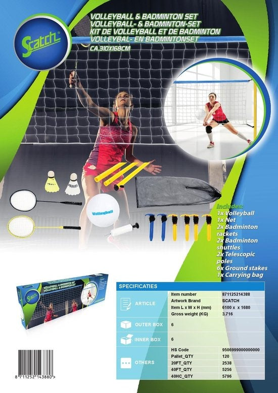 Scatch Volleyball- und Badminton-Set - mit Netz, Schlägern, Shuttles und Ball - Tragetasche - 310 x 168 cm