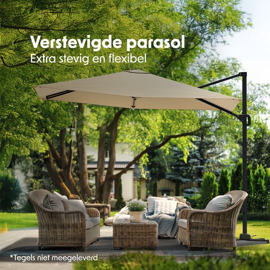 LifeGoods Sonnenschirm - 300x300 cm - neigbar - 7 Ständer - wasserdicht - mit Bezug - Taupe