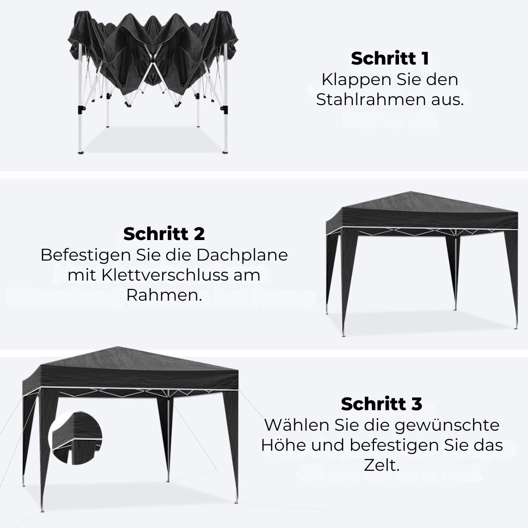 LifeGoods Partyzelt Pavillon - 3x3 m - Einfacher Aufbau - Zusammenklappbar - Wasserdicht - Mit Tragetasche - Schwarz