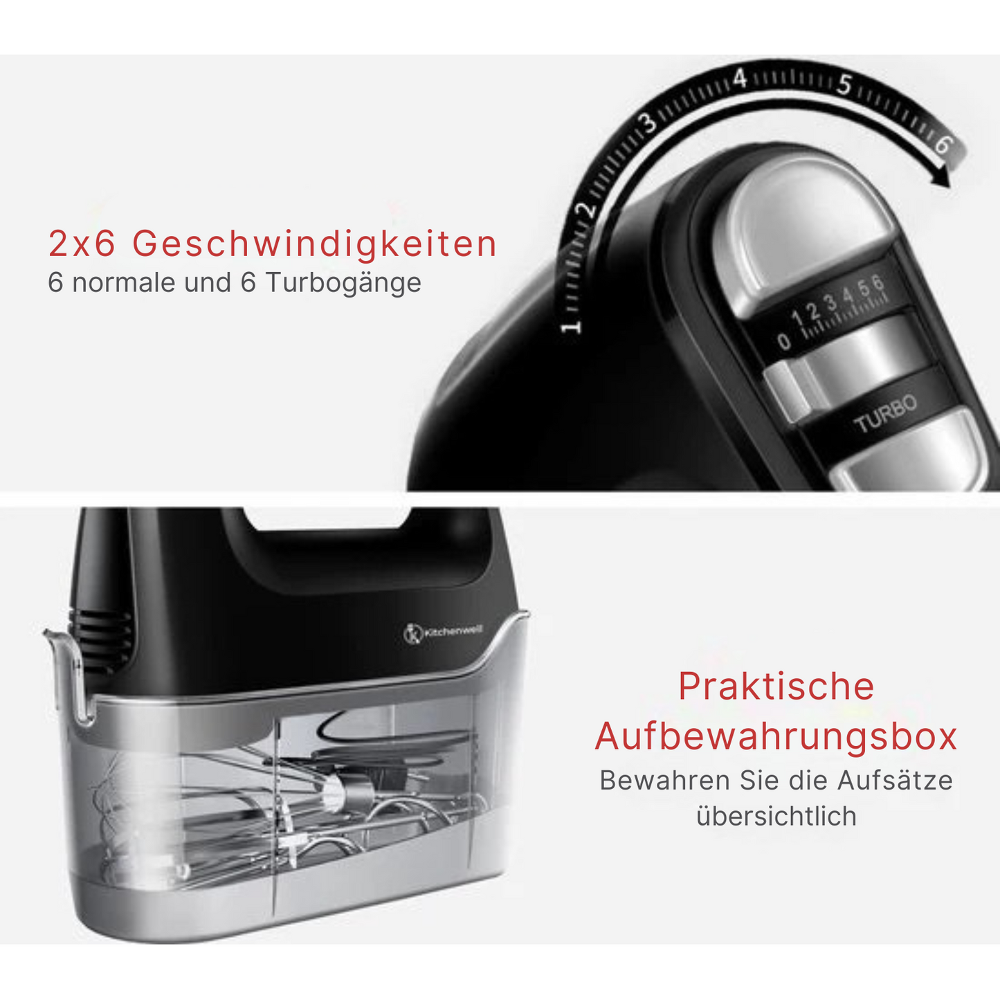 Kitchenwell - Handrührgerät - 6 Geschwindigkeiten und Turbofunktion - 400W - Schwarz