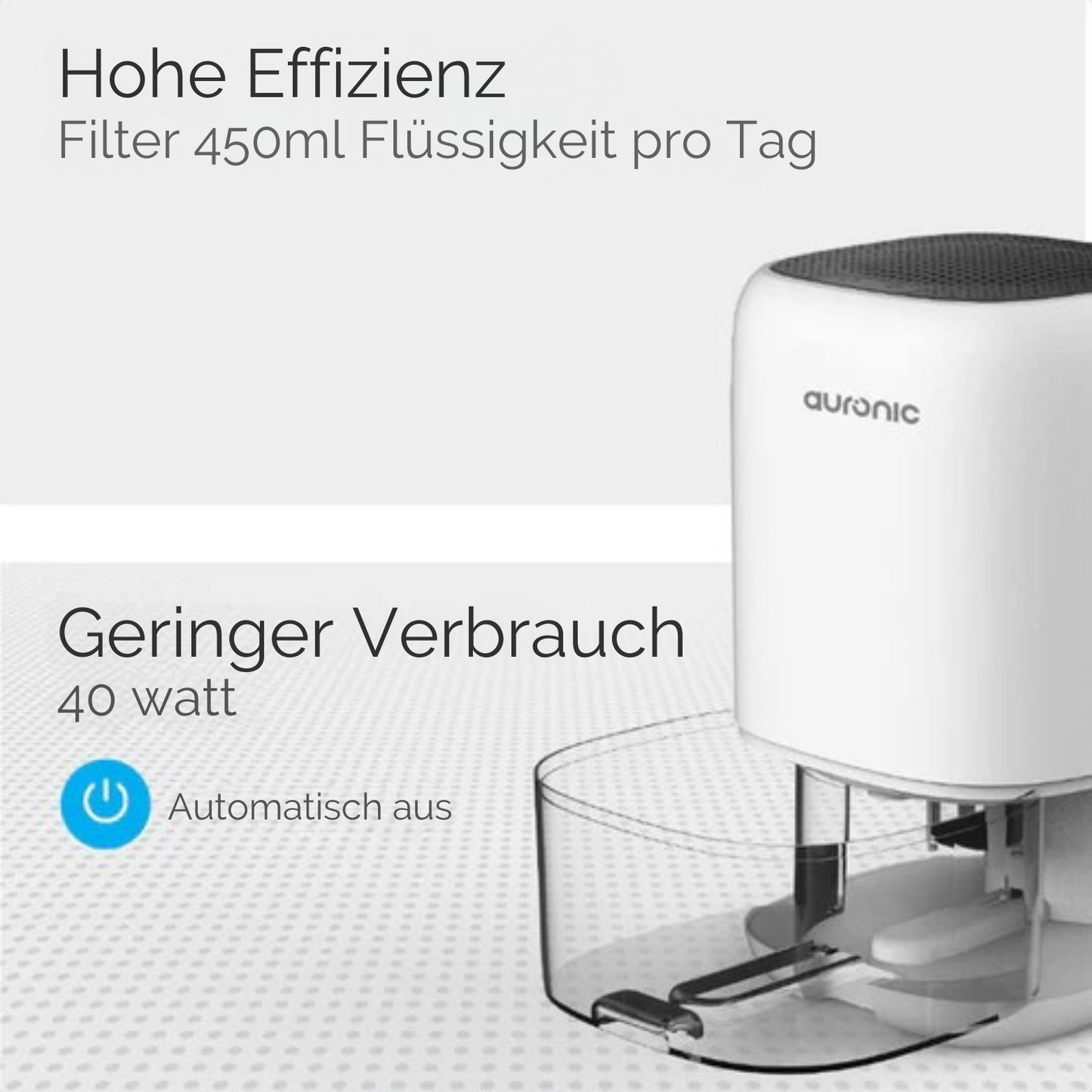 Auronic Luftentfeuchter - 450ml pro Tag - 40W - LED - Für Wohnzimmer/Schlafzimmer/Badezimmer - Weiß