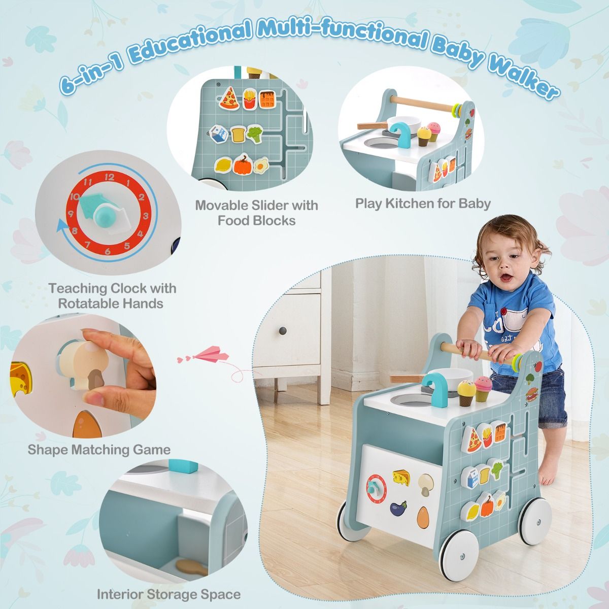 Coast 6-in-1 Kinderwagen Spielküche aus Holz - Blau - 31 x 34,5 x 42 cm