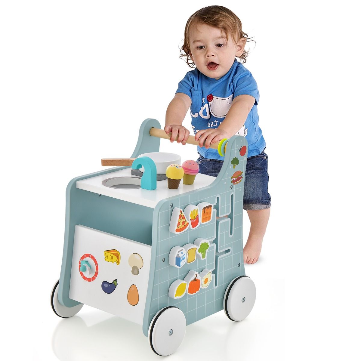 Coast 6-in-1 Kinderwagen Spielküche aus Holz - Blau - 31 x 34,5 x 42 cm