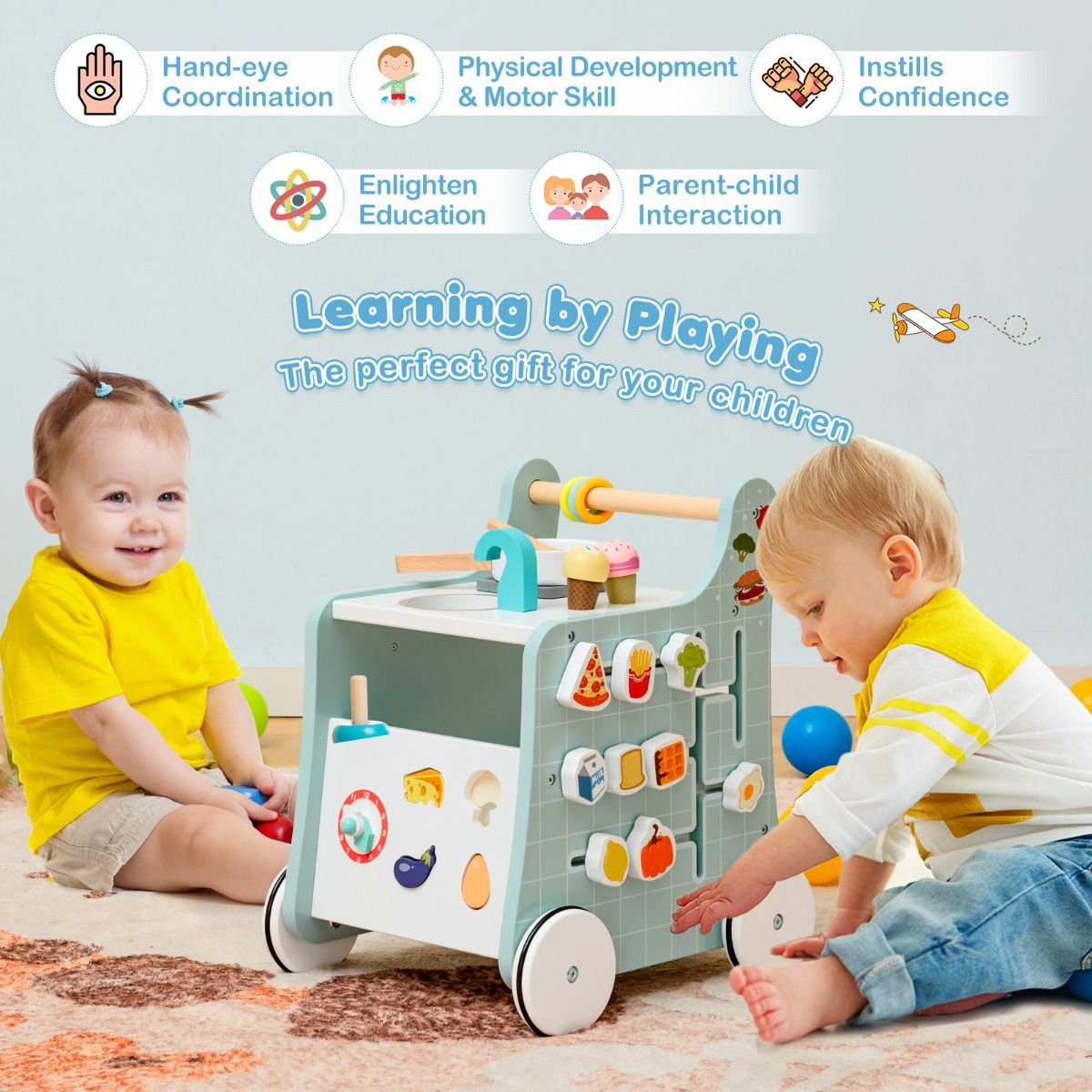 Coast 6-in-1 Kinderwagen Spielküche aus Holz - Blau - 31 x 34,5 x 42 cm