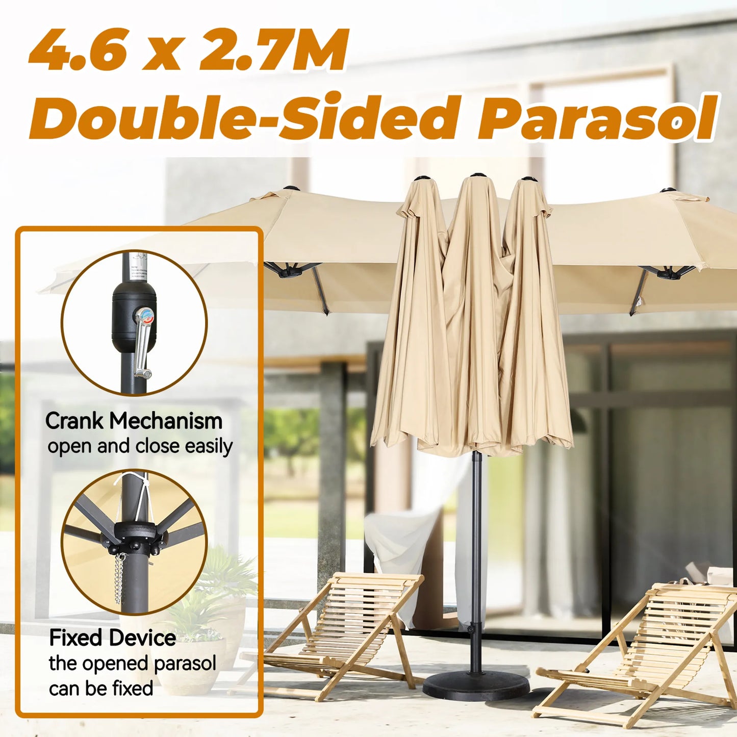 Angel Living Doppel-Sonnenschirm – 460 x 270 cm – mit Drehkurbel – UPF 50+ – beige