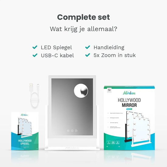 Mirlux Make Up Hollywood-Spiegel mit Beleuchtung (44x30cm) - Vision - Dimmbare LED-Birnenbeleuchtung - Weiß