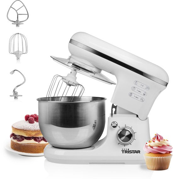 Tristar Küchenmaschine MX-4817 – Küchenmixer mit 5-Liter-Rührschüssel – Inklusive 3 Knethaken – Küchenroboter – 6 Programme – Spülmaschinenfest – 1200 Watt – Weiß