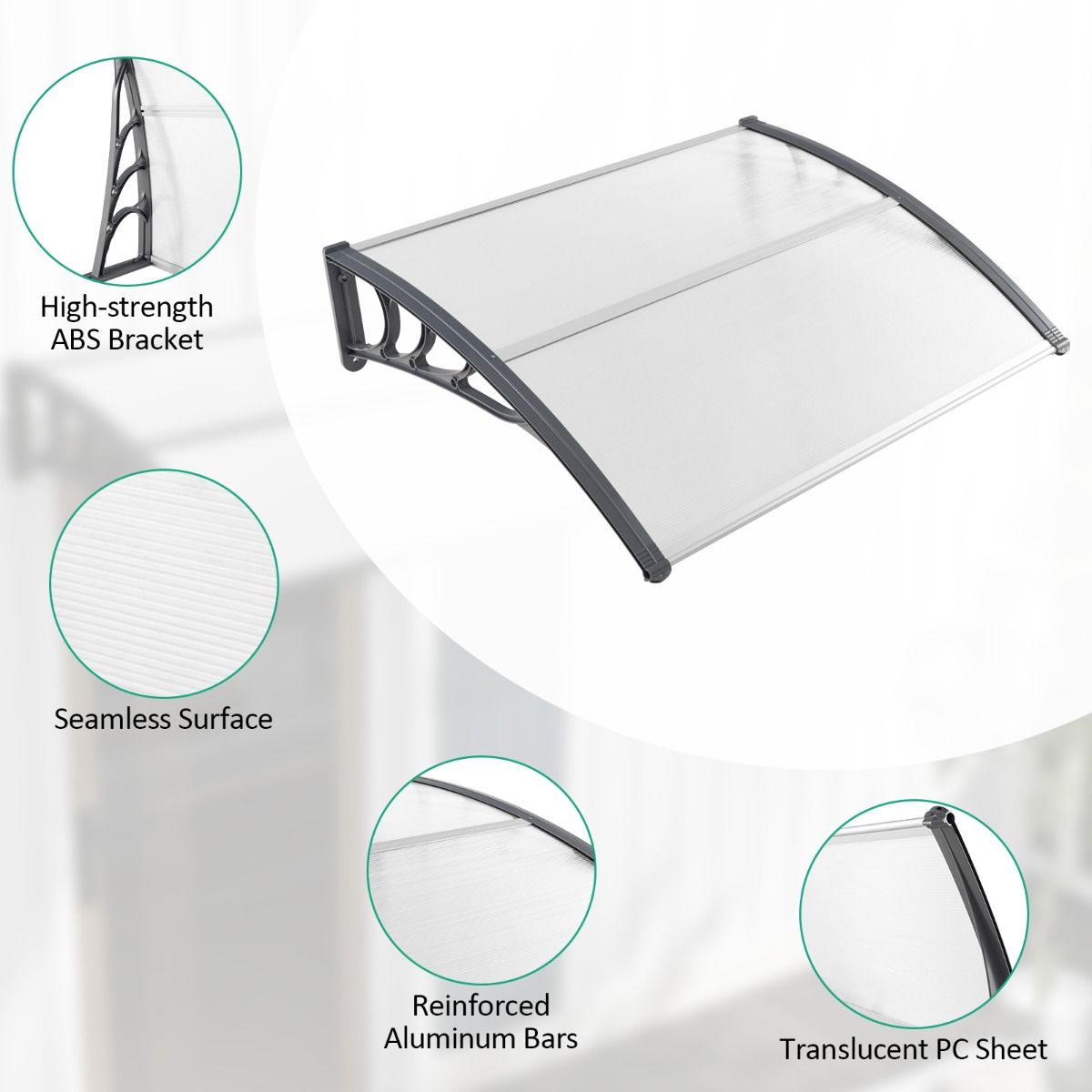 Coast Tür- und Fensterüberdachung – Witterungsbeständiges Polycarbonat – 122 x 99 cm – Grau und Silber