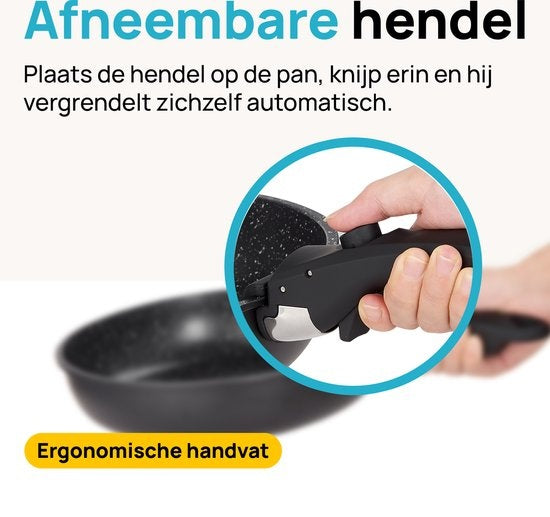 MOA Pfannenset - 5 Teile - Alle Wärmequellen - PFAS frei - Antihaftbeschichtung - Induktionspfannenset - Aluminium - Abnehmbarer Griff - Schwarz - PS501B