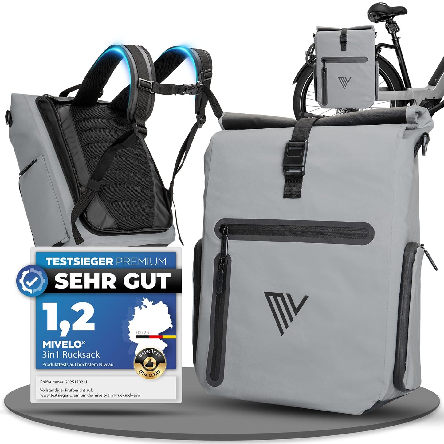 MIVELO - EVO 25L 3-in-1-Fahrradtasche für den Gepäckträger – Rucksack und Umhängetasche – 100 % wasserdicht und vollständig reflektierend