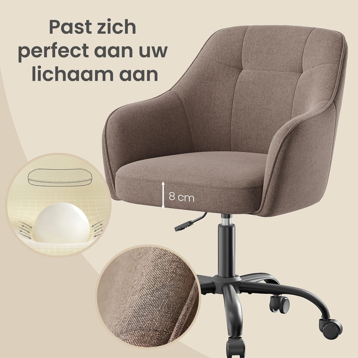 ochama Ergonomischer Bürostuhl – Verstellbar und drehbar – Atmungsaktiver Stoff – 64 x 64 x 78–88 cm – Braun