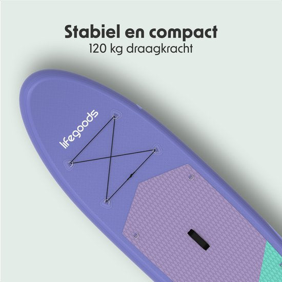 LifeGoods SUP Board All-round Compact - mit Sitz - 100 KG Tragfähigkeit - 300 x 76 cm - Aufblasbar - Komplettes SUP Paket - Lila