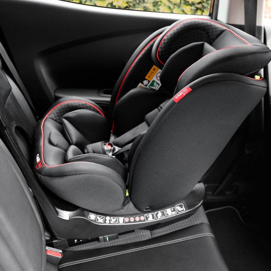 Carkids i-Size-Kindersitz Darcy – Entspricht der Norm i-Size R-129 - Um 360° drehbar - Für Kinder von 40 bis 150 cm - Isofix- und Top-Tether-Befestigung - Verstellbare Kopfstütze und Rückenlehne – Schwarz/Rot