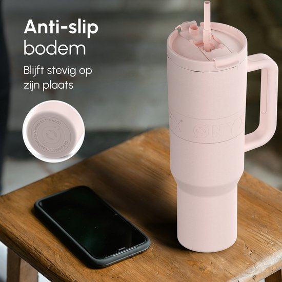 ONYX Trinkflasche mit Strohhalm 1,2 Liter - Wasserflasche für Kinder & Erwachsene - Thermosbecher Reisebecher - Motivationstrinker - Trinkbecher für die Schule - Pink