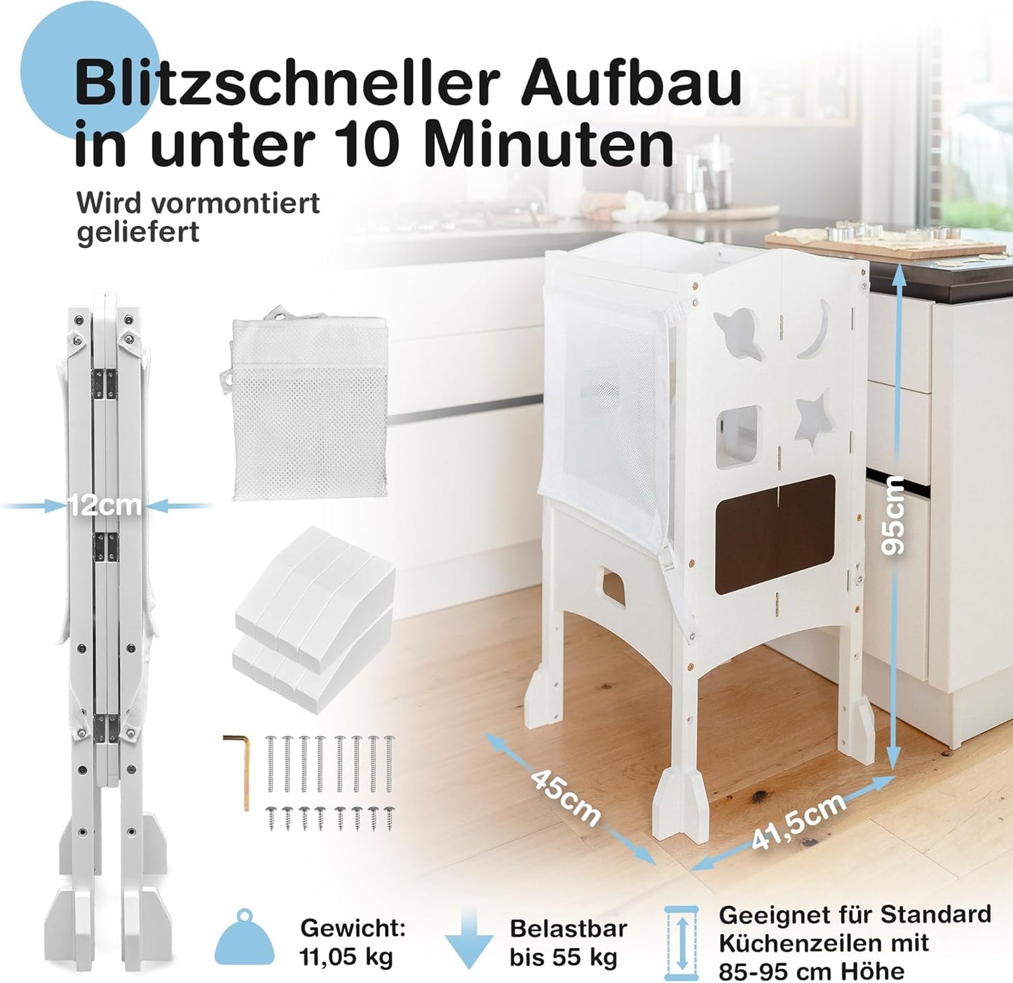 BabybeFun Lernturm ab 1 Jahr - Zusammenklappbarer Lernturm inkl. 360° Sicherheitsnetz - Extra stabiler und solider Lernturm - Lieferung vormontiert mit Kippschutz