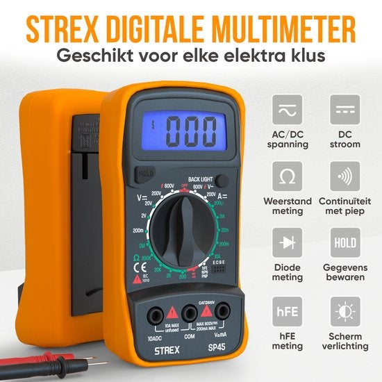 Strex - Digital-Multimeter - AC / DC - inkl. 9V Duracell-Batterie/ Zange & Aufbewahrungskoffer - Schwarz/Orange
