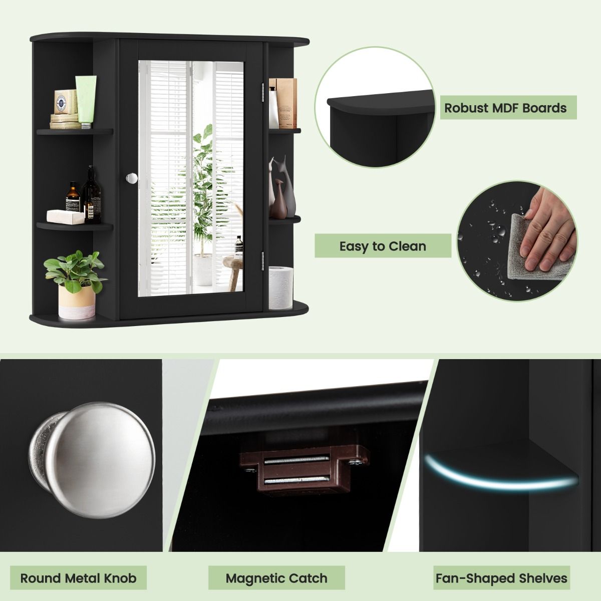 coast Spiegelschrank Bad - 66×17×62 cm - Schwarz - Wandschrank mit Spiegeltür & offenen Regalen