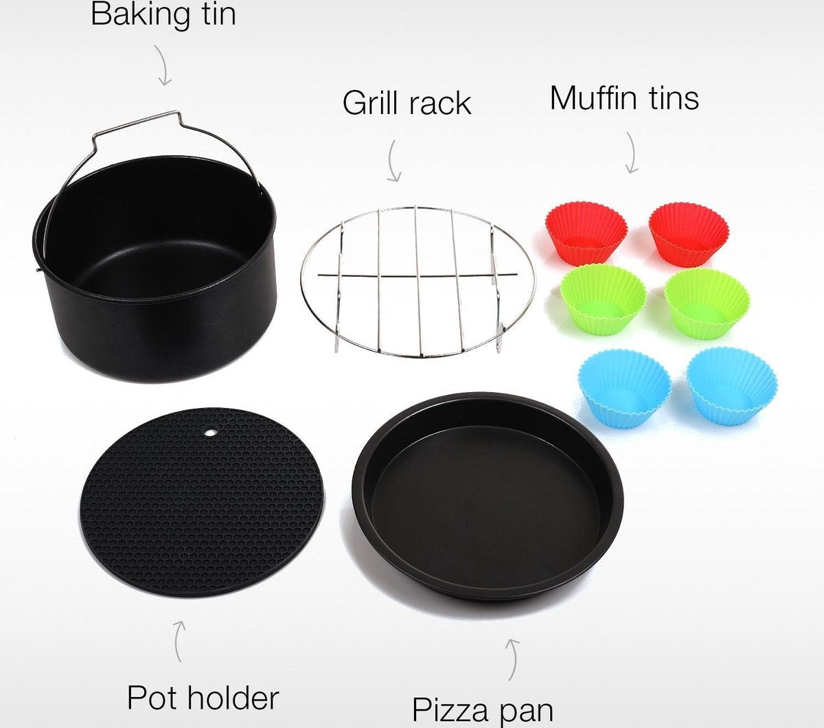 Princess 182012 Airfryer Accessory Set 10-teilig - Zubehör für Heißluftfritteuse - Grillrost - Pizzapfanne - Muffin-Set - Backblech - Untersetzer aus Silikon