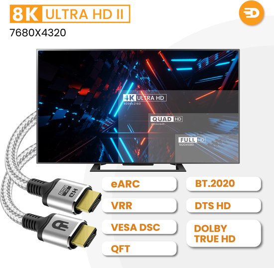 HDMI-Kabel 2.1 - Ultra HD High Speed - HDMI zu HDMI - Geeignet für Xbox Series X & PS5 - 1 Meter - Nylon - Silberweiß