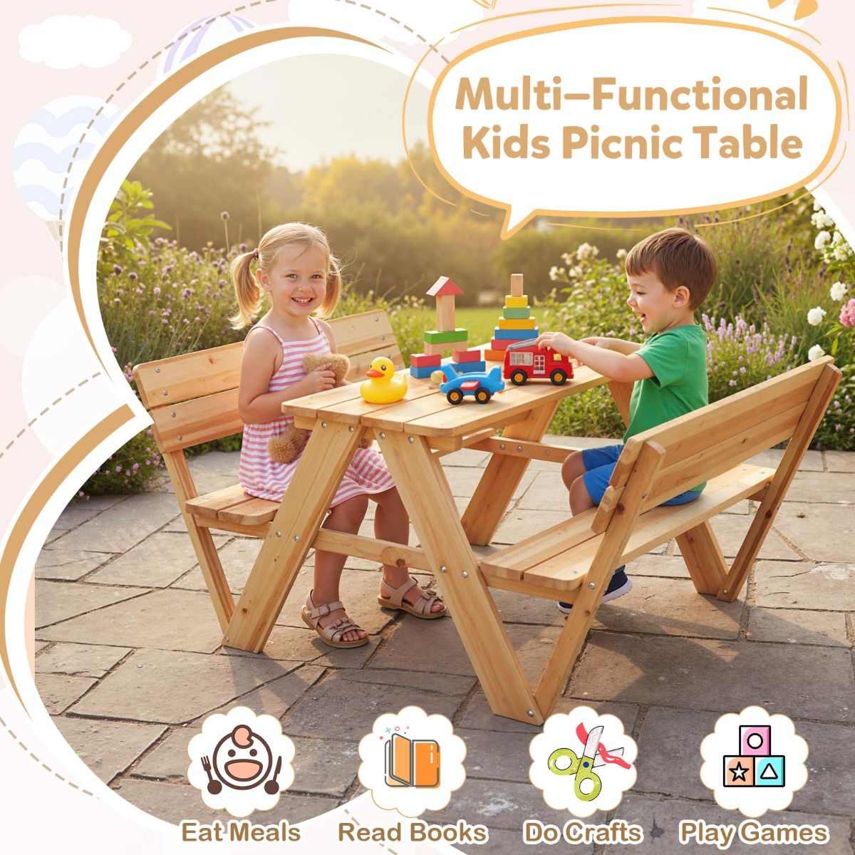 Coast Kinderpicknicktisch – Kleinkindertisch und Sitzbank-Set aus Holz – mit Rückenlehne – naturfarben