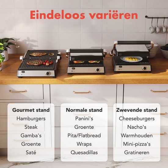 KitchenBrothers Contact Grill Deluxe - Grillgerät - Abnehmbare Grillplatten - Panini Grill - 5 Höheneinstellungen - 2000W - Edelstahl