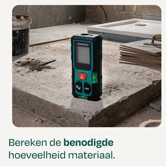 VONROC Laser-Entfernungsmesser – 50 Meter Reichweite – Sehr kompakte Bauweise – Misst Entfernung, Fläche, Volumen, nach dem Satz des Pythagoras – Inkl. praktischer Rechenfunktionen – Inkl. Batterien