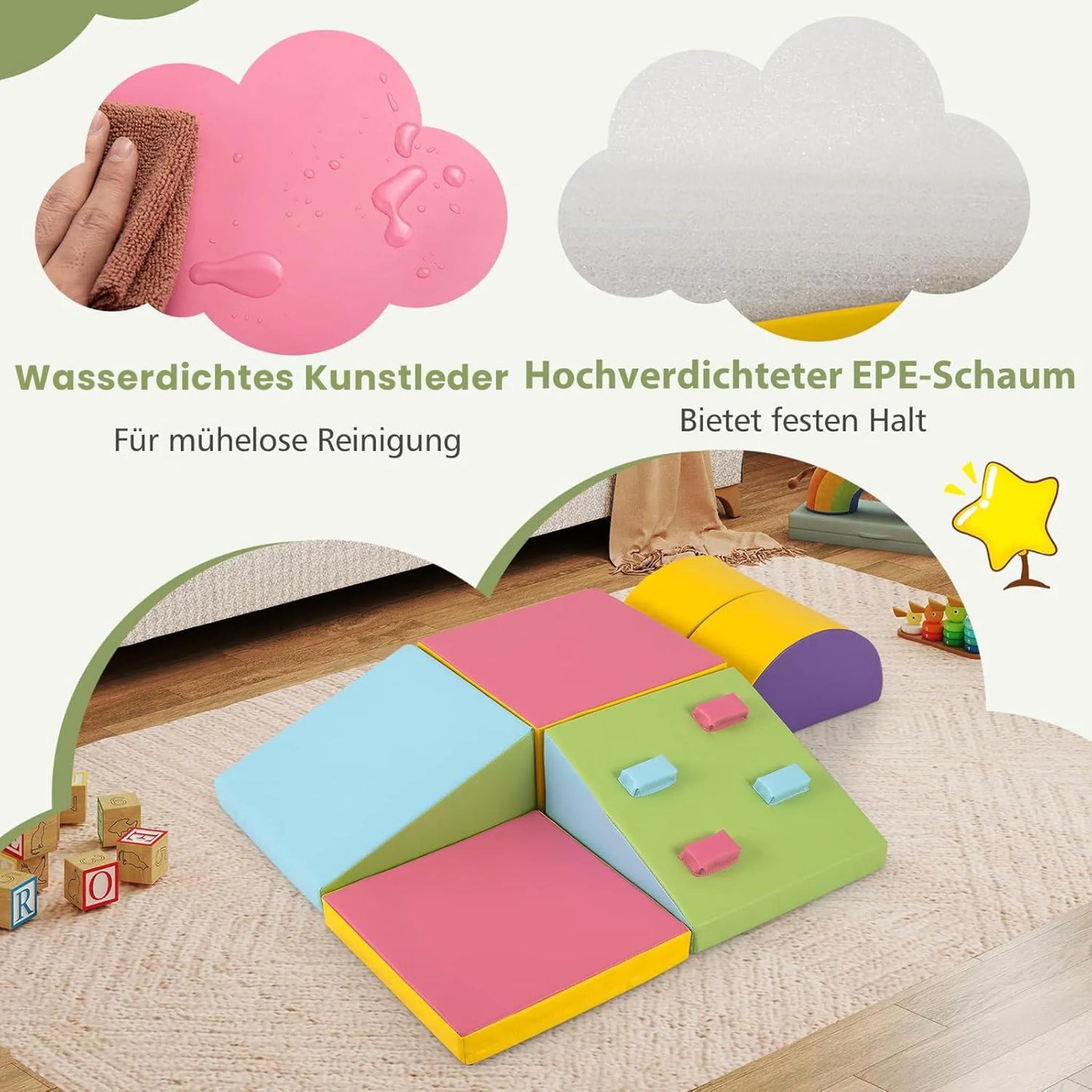 Coast Kletterblöcke aus Schaumstoff, Activity Play Set – Mit Klettverschlüssen und sorgfältigen Nähten sowie leicht zu greifenden Kletterblöcken – Für Spielzimmer und Kindertagesstätten – Buntes Leder und EPE-Schaumstoff