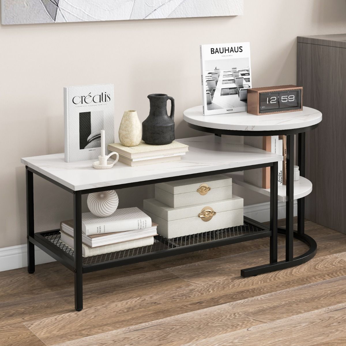Coast Beistelltisch-Set – Couchtisch und Beistelltisch – Tischplatte in Marmoroptik – schwarz und weiß