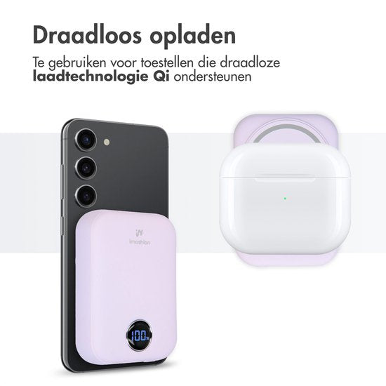 imoshion Powerbank 10000 mAh - Geeignet für MagSafe - Schnellladegerät 22,5W - LED-Anzeige - USB C & USB A - Kabellose Powerbank Geeignet für iPhone 12/13/14/15/16 - Flieder