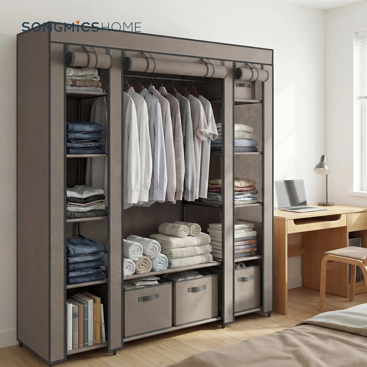 Ochama Kleiderschrank, tragbarer Kleiderschrank für das Schlafzimmer, Kleiderstange mit Stoffbezug, Aufbewahrungssystem für Kleidung, 150 x 45 x 175 cm, Taupe