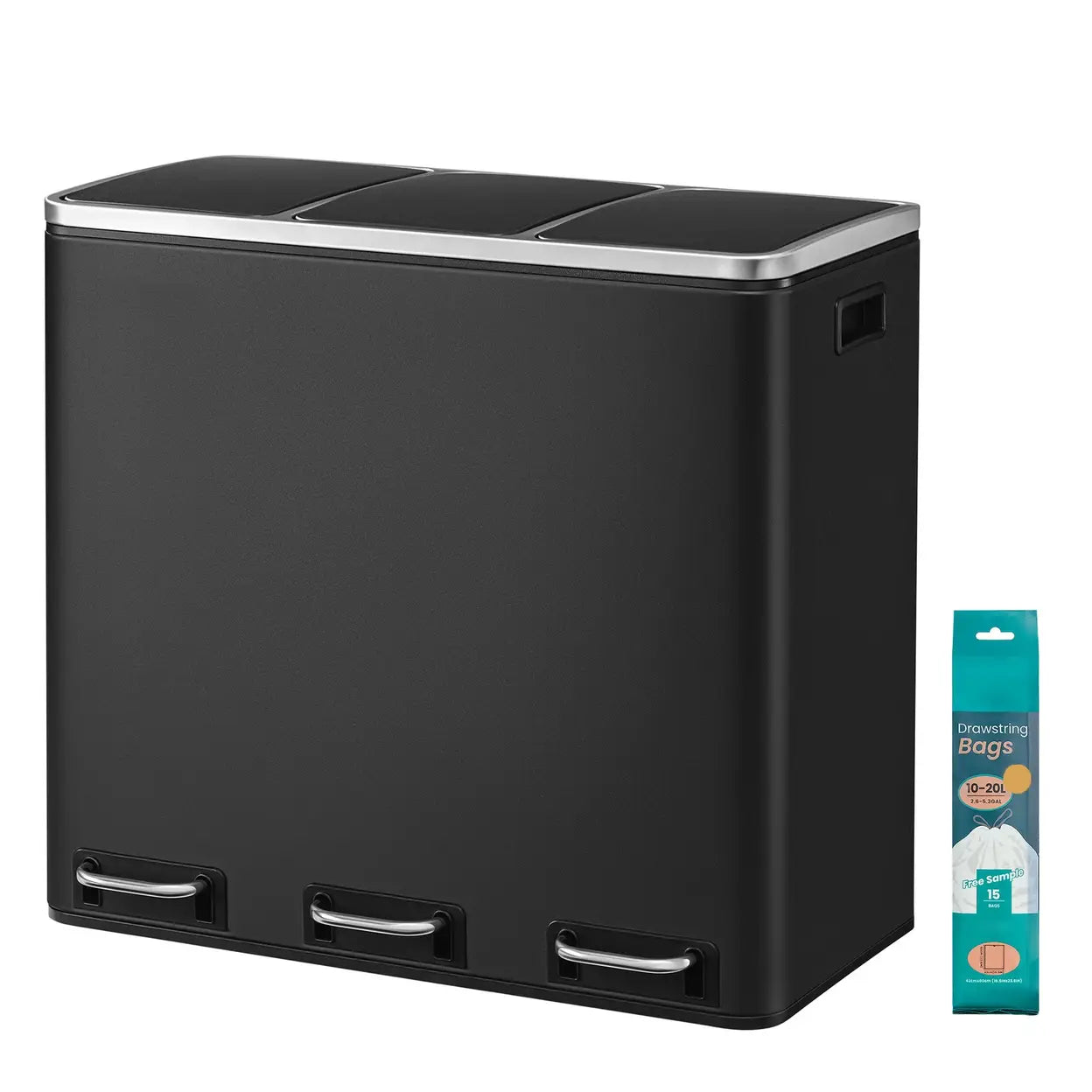 Joyfurnos Dreifach-Treteimer – Schwarz – 3 x 18 Liter – Softclose-Deckel – Stahl – 61 x 31,5 x 55,5 cm