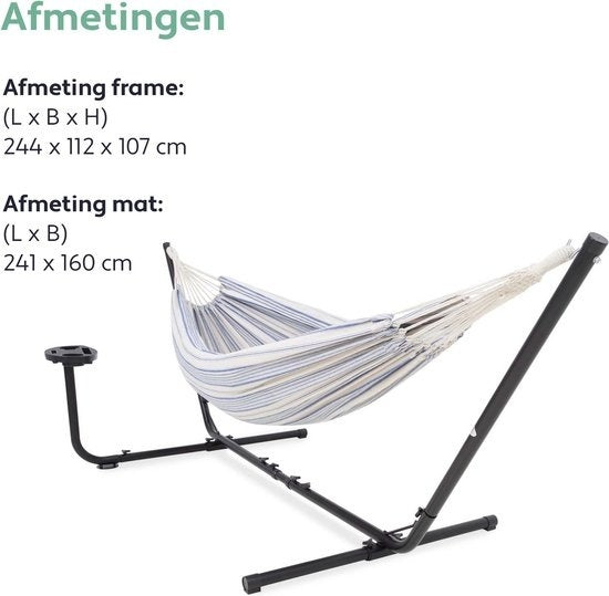 Vita5 Hängematte mit Ständer - 2 Personen - Inkl. Getränkehalter - 205kg Tragegewicht - Blau/Weiß