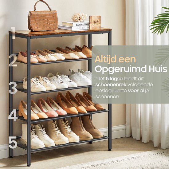 O'DADDY® Schuhregal - 5 Schichten - Schuhaufbewahrungssystem - Schuhregal - Schuhschrank - Schuhschrank - Industriedesign - Braunes Holz - Schwarzes Metall