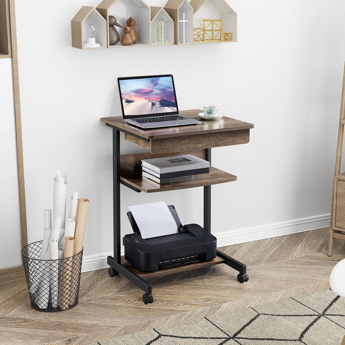 Yaheetech Rolltisch mit Schublade und 4 Ablageböden – 56 x 51 x 79,5 cm – Taupe