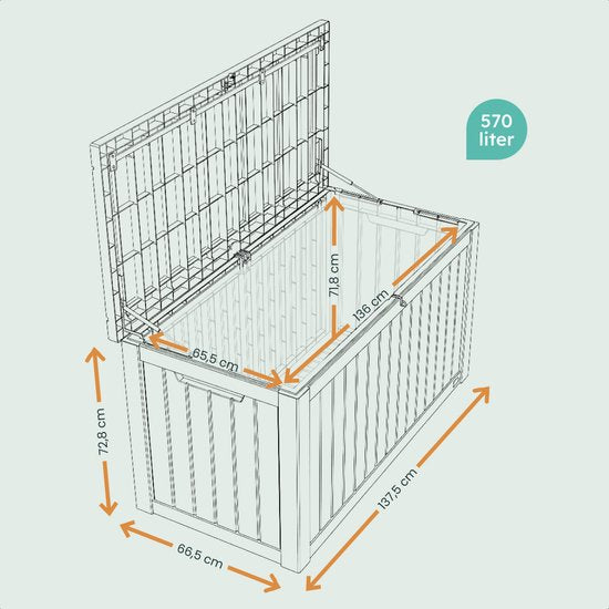 LifeGoods Aufbewahrungsbox - 570L - Kissenbox - Wasserdicht - Garten-Kissenbox - Rostfrei - Gartenbox - 137.5x66.5x72.8 cm - Grau