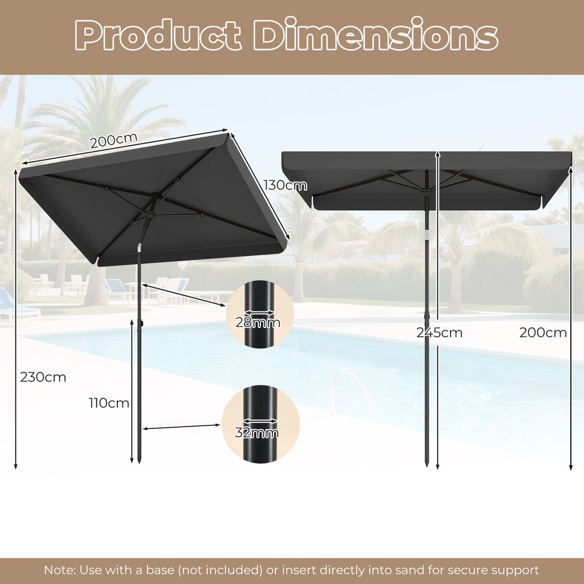 Coast Balkon-Sonnenschirm – rechteckig – neigbar um 30° – grau 200 x 130 cm