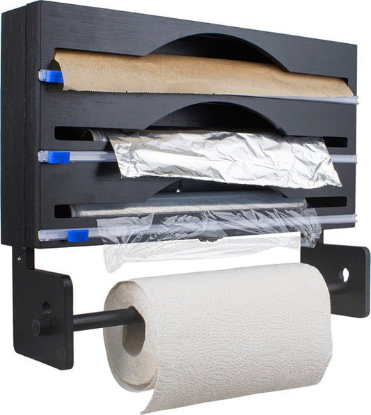 Nimma Rollenhalter - Küchenrollenhalter und Folienhalter in 1 - Inkl. Aufhängesystem und Folienschneider - Geeignet für 3 Folienrollen - Bambus - Schwarz