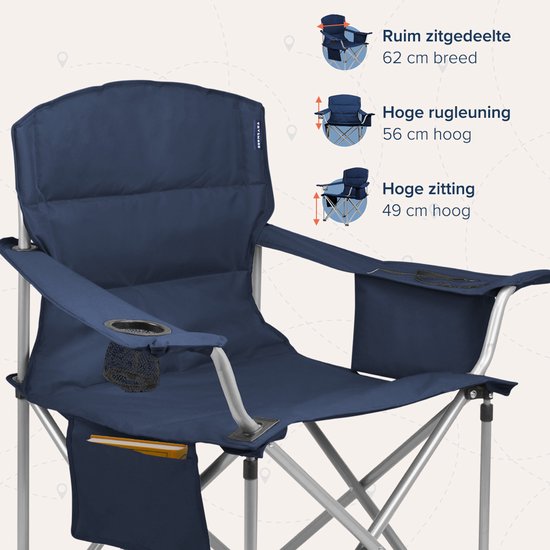 TRVLMORE Campingstühle - Zusammenklappbar - 2 Stück - XL - 150 kg Belastbarkeit - Getränkehalter - Seitentasche - Klappstuhl - Blau