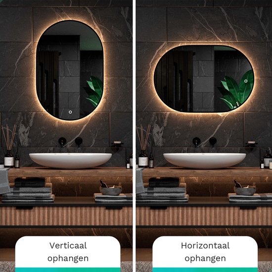 Mirlux Badezimmerspiegel - mit LED-Beleuchtung & Heizung - Wandspiegel Oval - Anti-Kondensations-Duschspiegel - 90x60CM - Schwarz